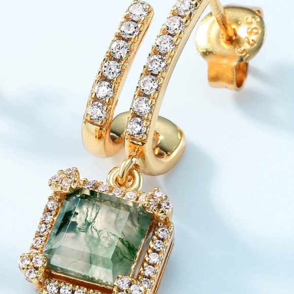 Moss Agate Inlaid Zircon Drop Earrings For Women - Picture 3 of 5